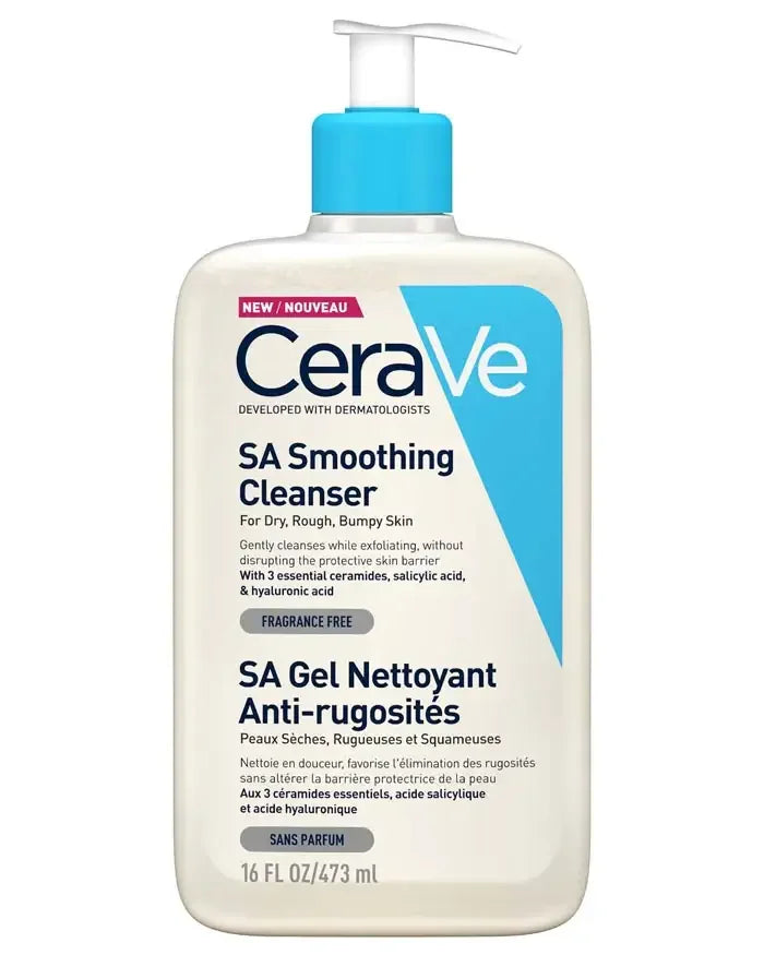 CeraVe SA Smoothing Cleanser bottle with pump, 473ml, for dry rough skin care.
