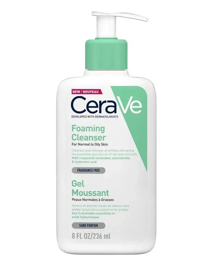 CeraVe Foaming Cleanser bottle for normal to oily skin, 236ml, with pump dispenser