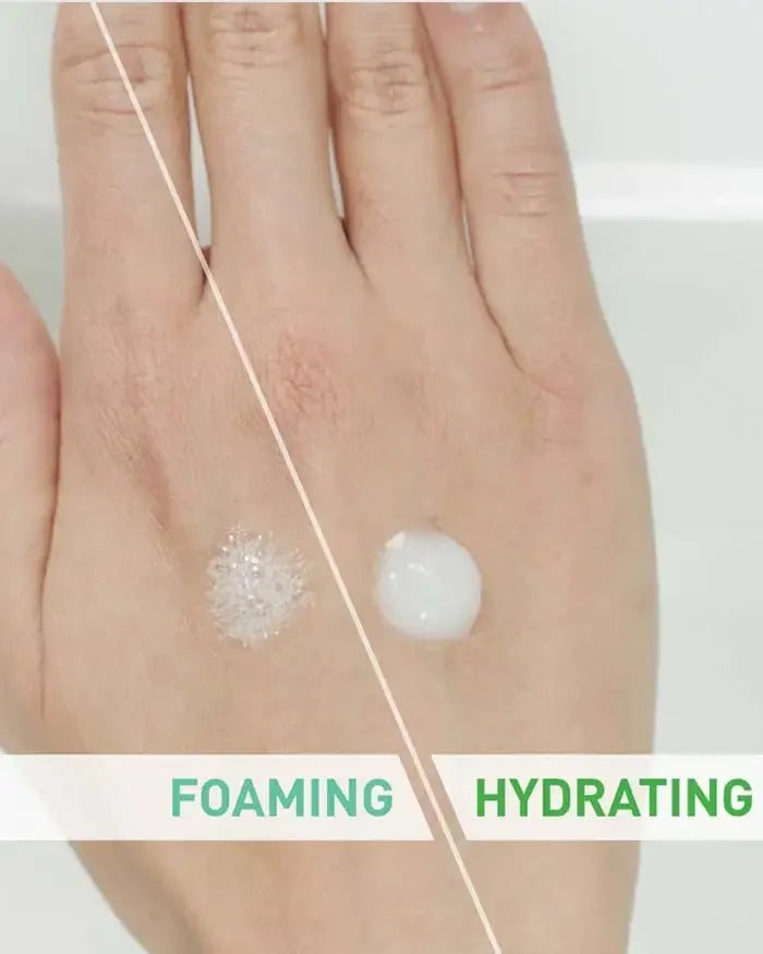 Hand showing foaming cleanser vs hydrating cream texture for skincare comparison