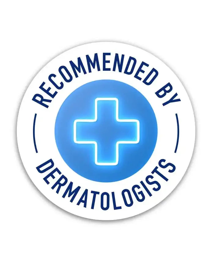Blue medical cross badge with text recommended by dermatologists for skincare products