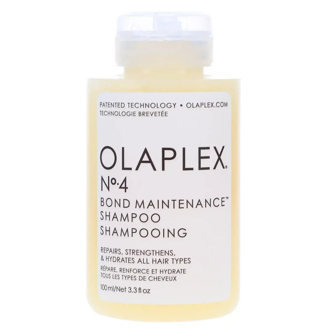 Olaplex No.4 Bond Maintenance Shampoo bottle for all hair types, 100ml, on white background