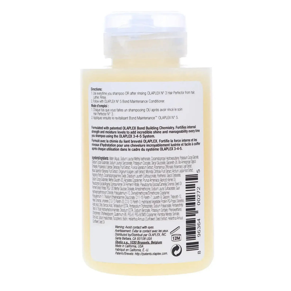 Back of a hair care product bottle with instructions, ingredients, and barcode visible
