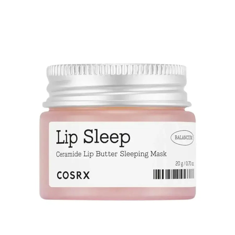COSRX Lip Sleep ceramide lip butter sleeping mask in a clear jar with silver lid