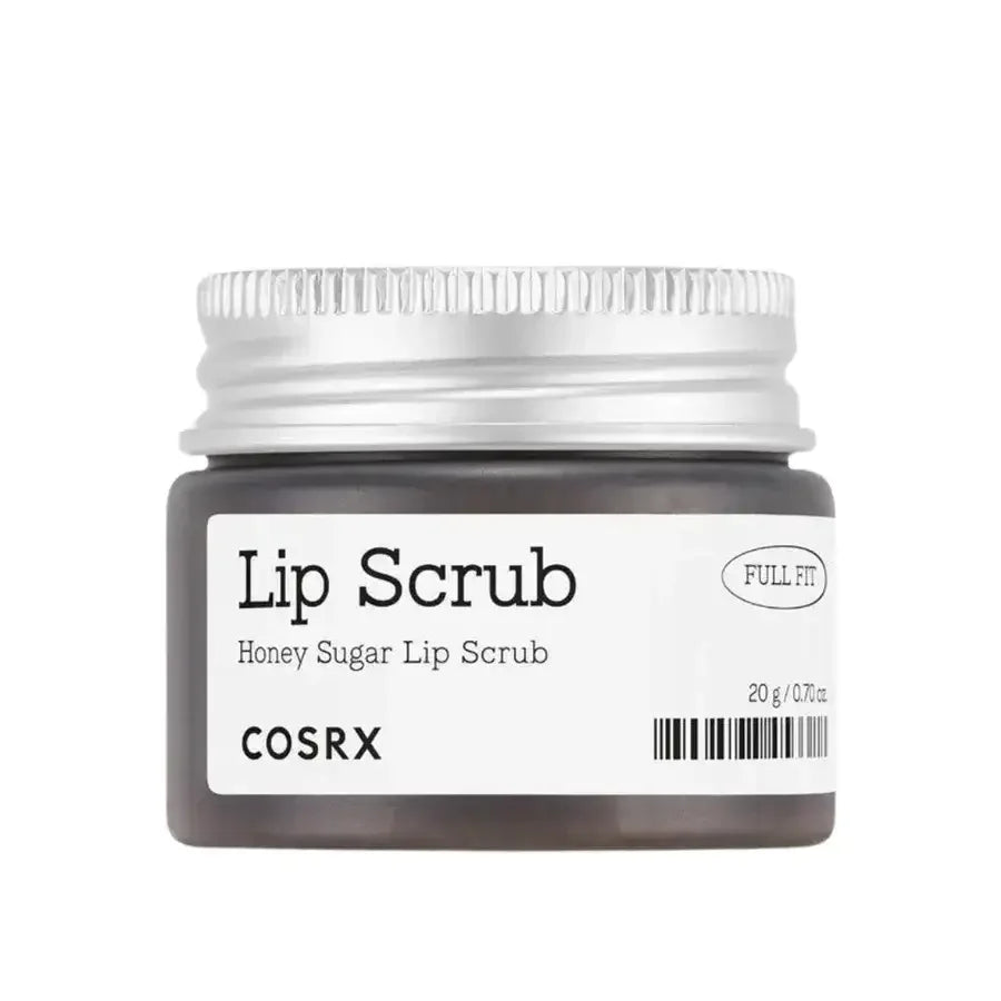 COSRX lip scrub honey sugar exfoliant in clear jar with silver lid, skincare product