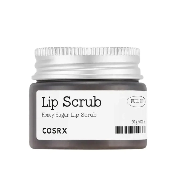 COSRX lip scrub honey sugar exfoliant in clear jar with silver lid, skincare product