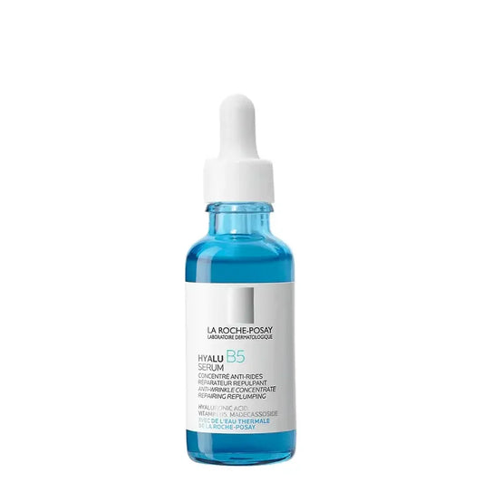 Blue glass bottle of La Roche-Posay Hyalu B5 Serum with white dropper, anti-wrinkle skincare