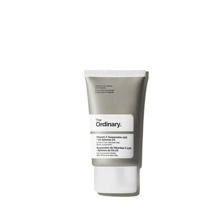 The Ordinary Vitamin C Suspension 23% and HA Spheres 2% tube on white background, skincare product