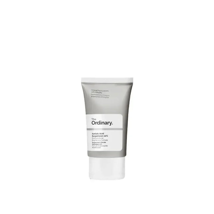 The Ordinary Azelaic Acid Suspension 10% brightening skincare cream in a grey tube