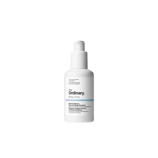 The Ordinary Niacinamide 8% face and body serum in white pump bottle on white background