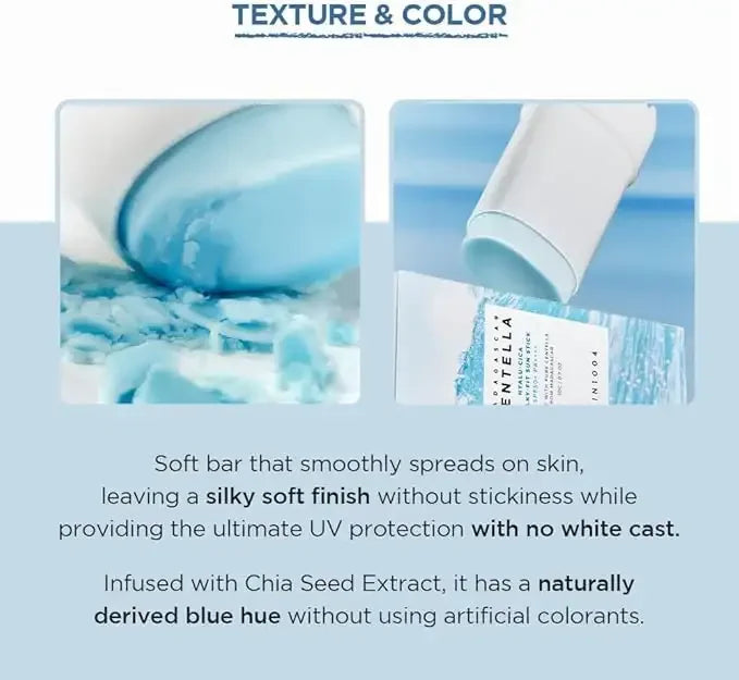 Blue skincare stick with creamy texture, UV protection, and chia seed extract for soft skin