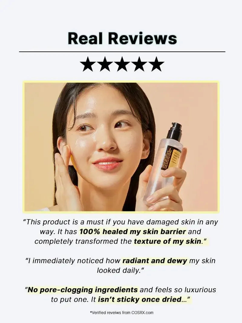 Smiling woman applying Korean skincare essence from pump bottle, radiant dewy skin, real reviews, five star rating.