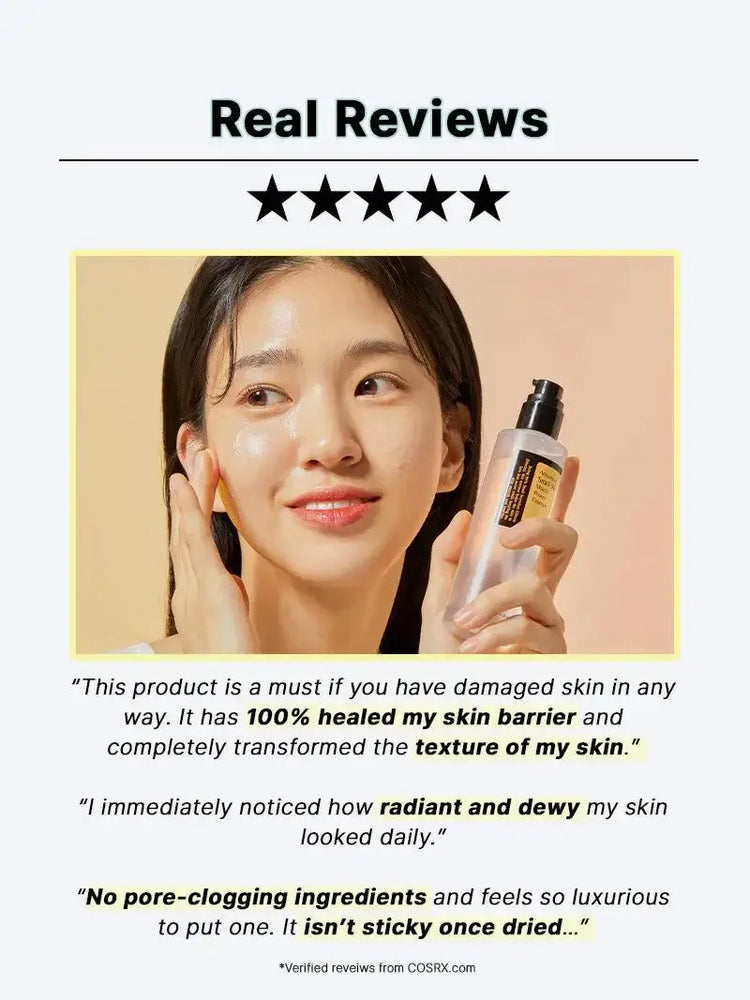 Smiling woman applying Korean skincare essence from pump bottle, radiant dewy skin, real reviews, five star rating.