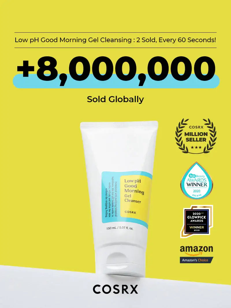 COSRX Low pH Good Morning Gel Cleanser tube with sales stats and award badges on yellow background