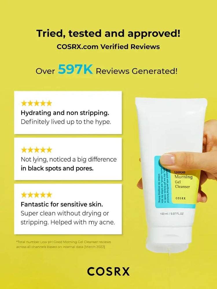 Hand holding COSRX Low pH Good Morning Gel Cleanser with positive skincare reviews on yellow background.