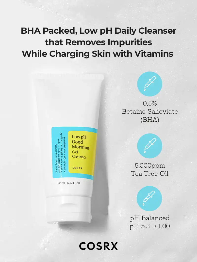 COSRX Low pH Good Morning Gel Cleanser with BHA, tea tree oil, and vitamins on bubbly background.