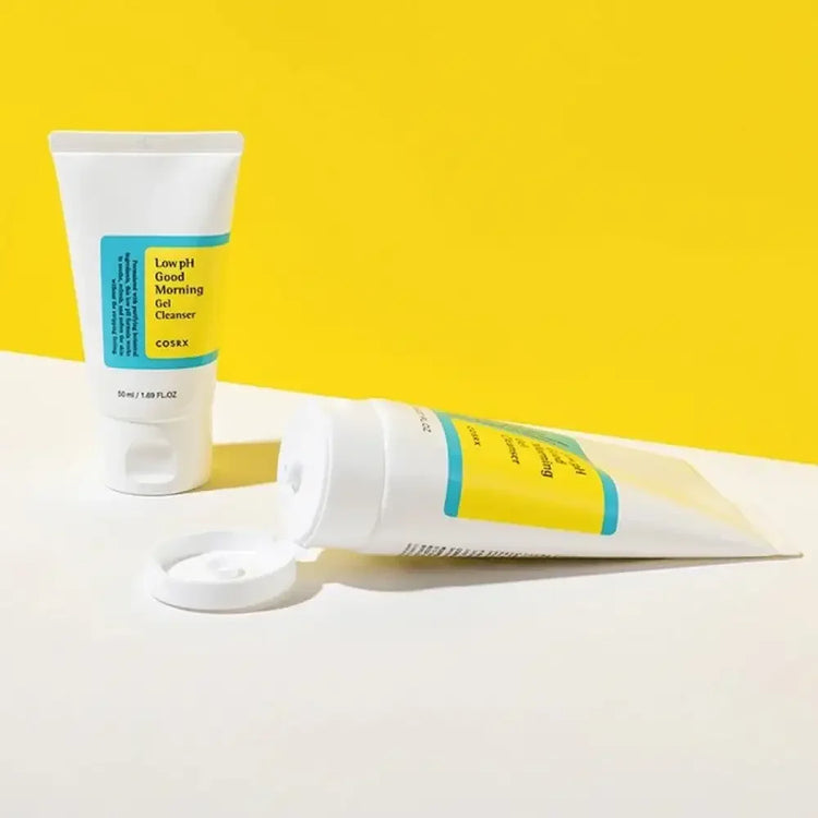 COSRX Low pH Good Morning Gel Cleanser tubes on a bright yellow and white background