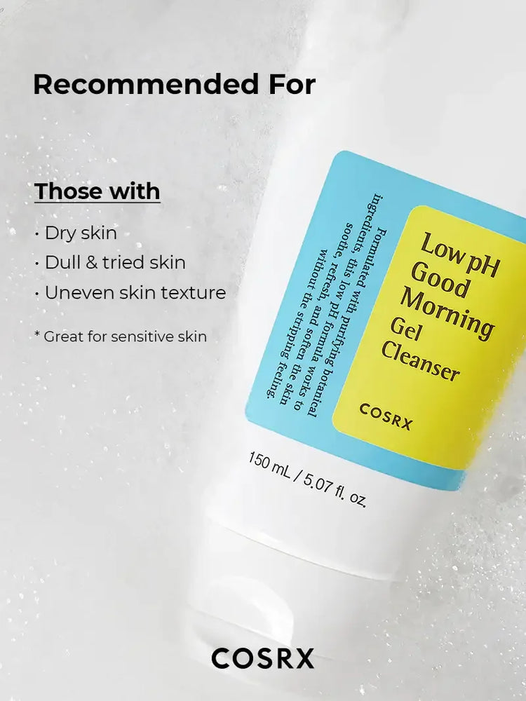 COSRX Low pH Good Morning Gel Cleanser tube on soapy background, recommended for dry, dull, uneven skin.