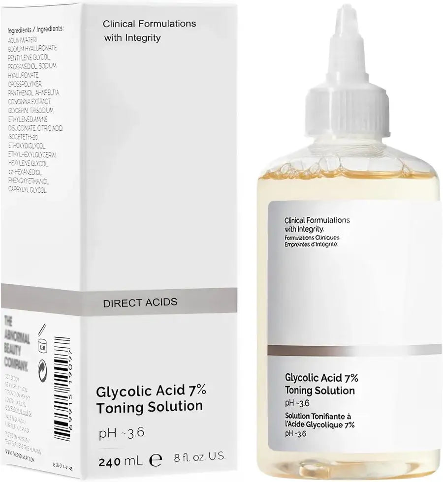 Glycolic Acid 7% Toning Solution exfoliating toner with box, clear bottle, skincare product