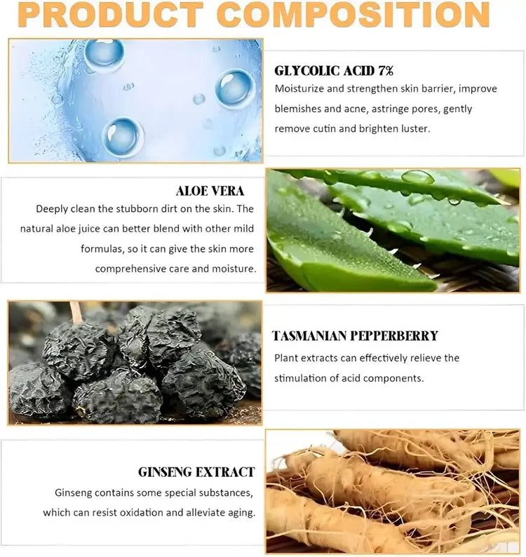 Product composition chart showing glycolic acid, aloe vera, Tasmanian pepperberry, and ginseng extract with images.