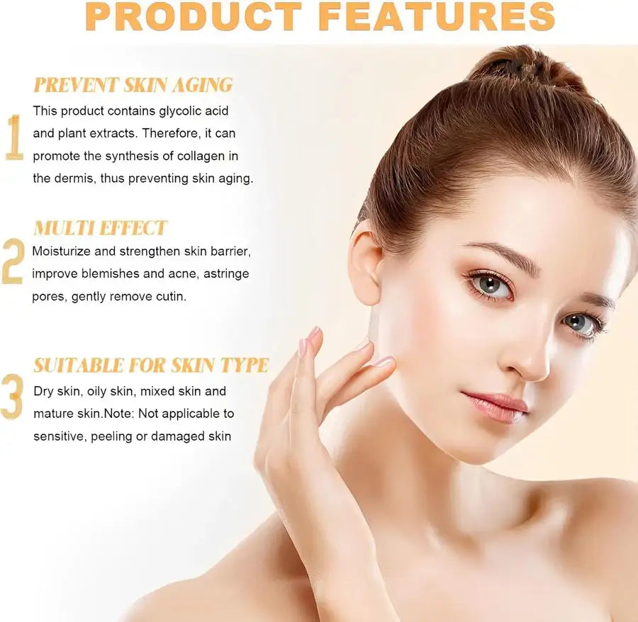 Woman touching face with glowing skin, skincare product features to prevent aging and improve complexion.