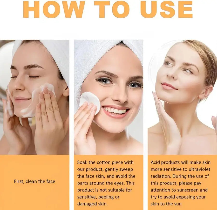 Three women demonstrating facial skincare steps: cleansing, applying toner with cotton pad, and finishing with sunscreen advice.