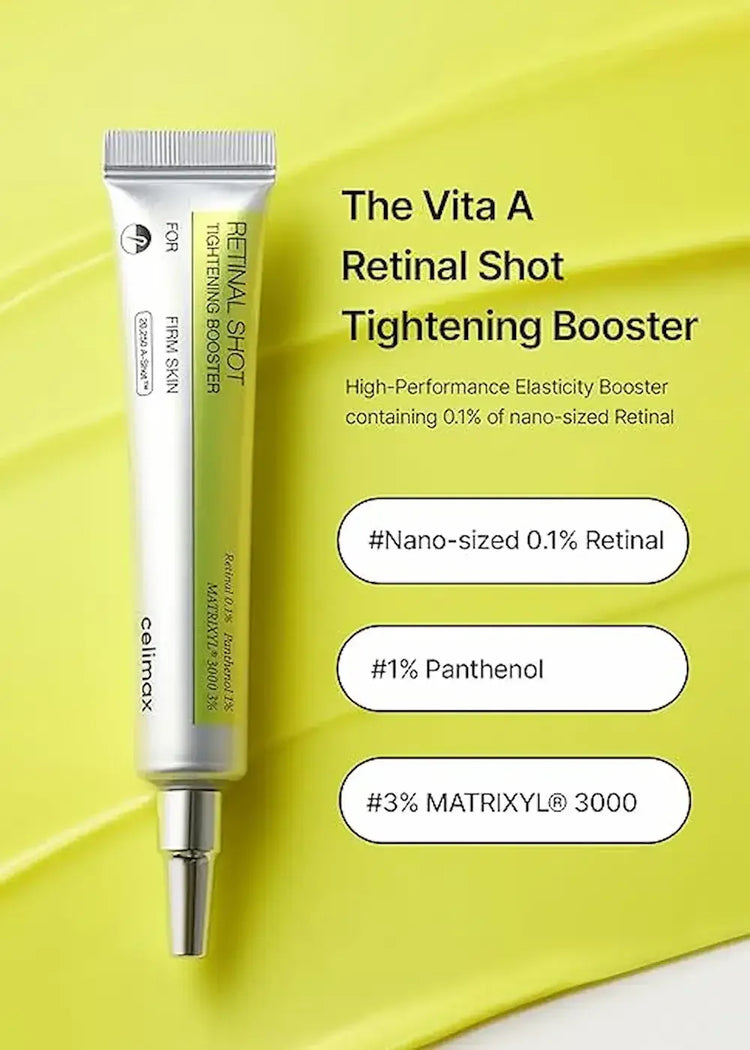Retinal shot tightening booster skincare tube on yellow background with key ingredients listed.