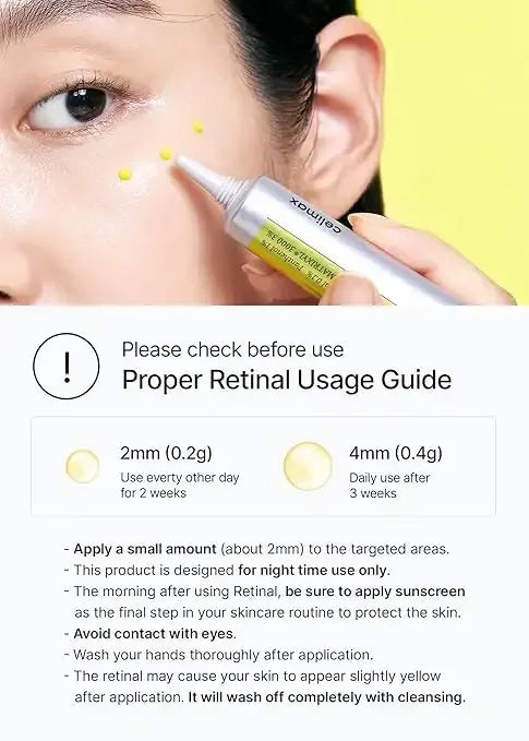 Close-up of woman applying Celimax retinal cream to cheek with dosage and usage instructions.