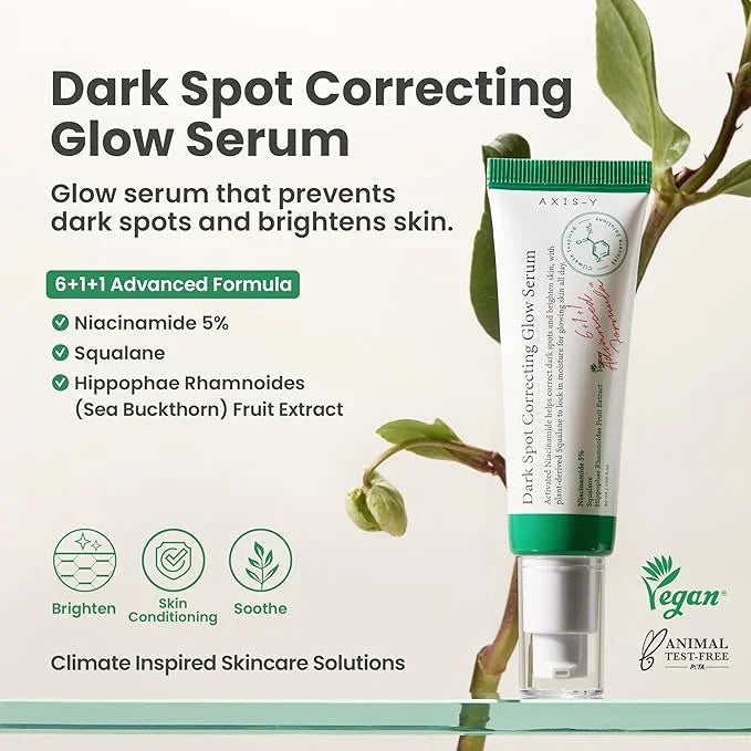 Axis-Y Dark Spot Correcting Glow Serum tube with skincare benefits and vegan, cruelty-free icons.