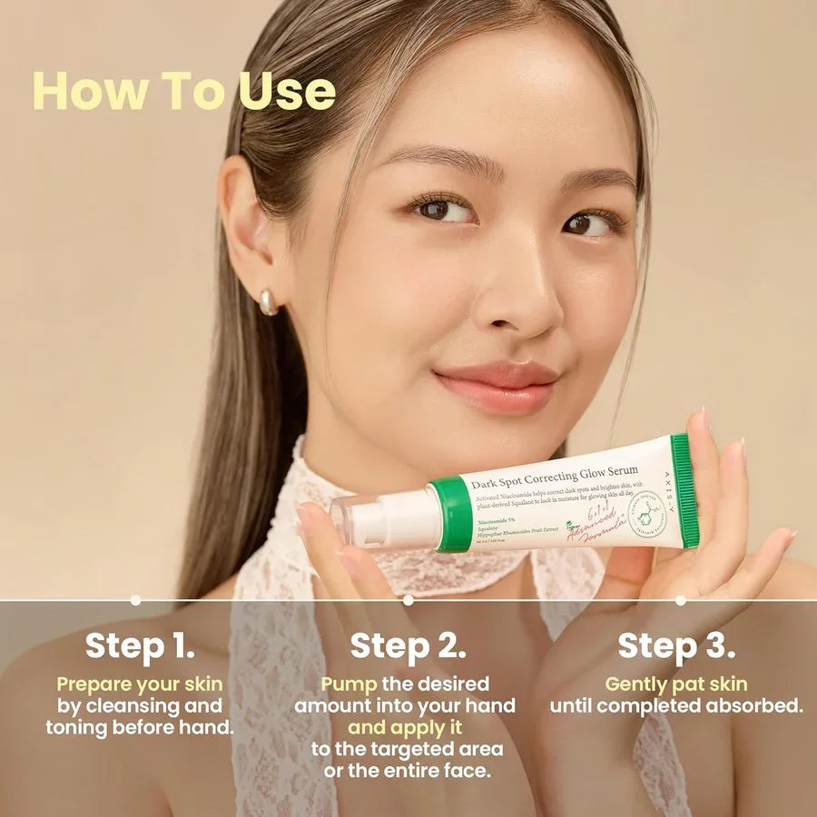 Woman holding Dark Spot Correcting Glow Serum, skincare application steps, clear skin tips.