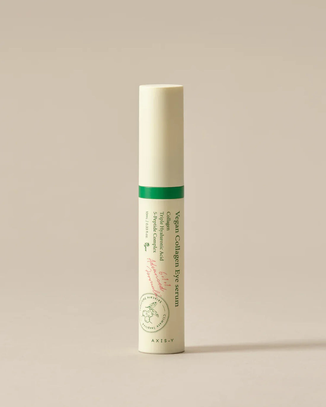 Vegan Collagen Eye Serum tube with green cap on a neutral background, skincare product