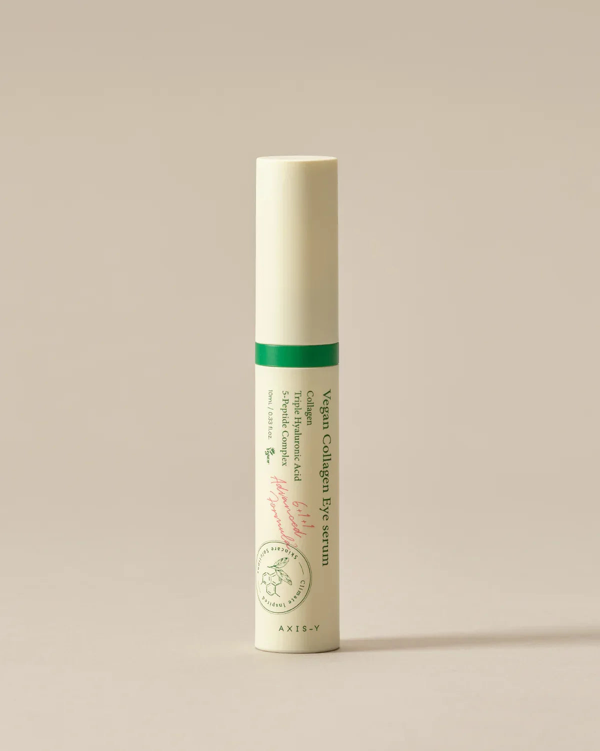 Vegan Collagen Eye Serum tube with green cap on a neutral background, skincare product