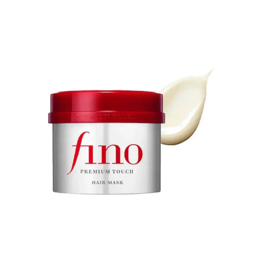 Fino Premium Touch hair mask jar with red lid and creamy hair treatment beside it