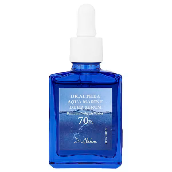 Dr. Althea Aqua Marine Deep Serum blue glass bottle with dropper, skincare product