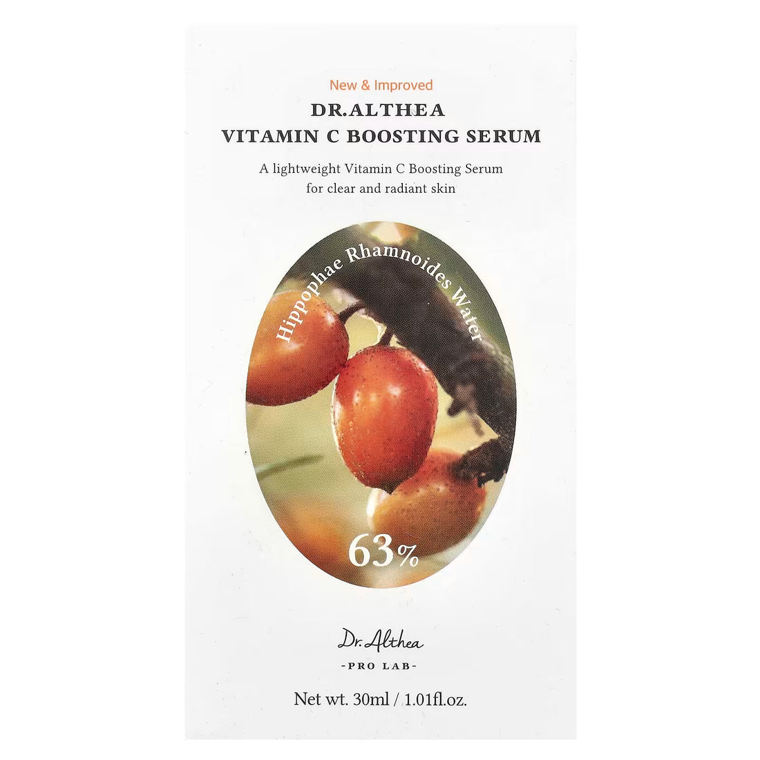 Dr. Althea Vitamin C Boosting Serum packaging with sea buckthorn berries and product details
