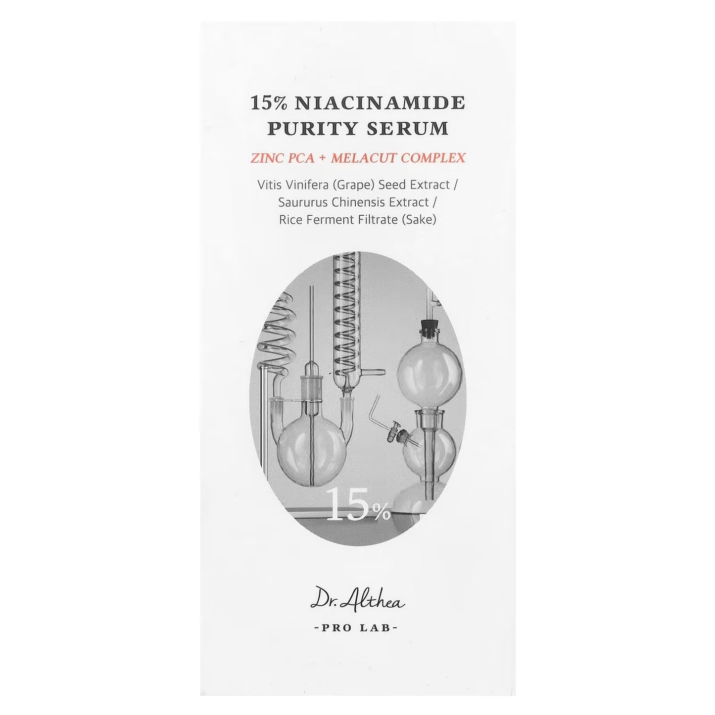 15% niacinamide purity serum skincare box with lab glassware illustration and ingredient list