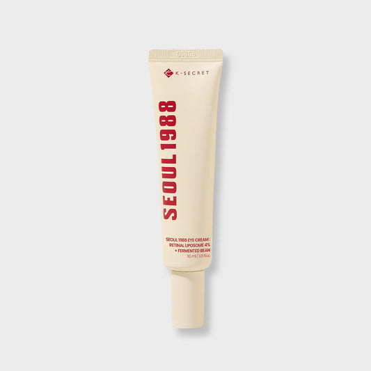 Seoul 1988 Eye Cream by yourbeautycosmetics showing the jar with cream, featuring retinal liposome 4% and fermented bean extract.