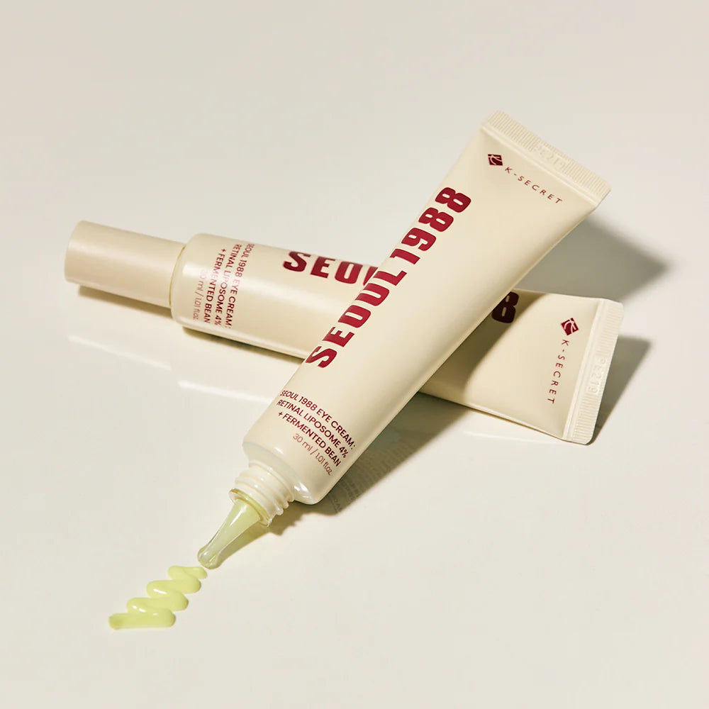 Seoul 1988 Eye Cream by yourbeautycosmetics with retinal liposome 4% and fermented bean extract, shown in a sleek jar.