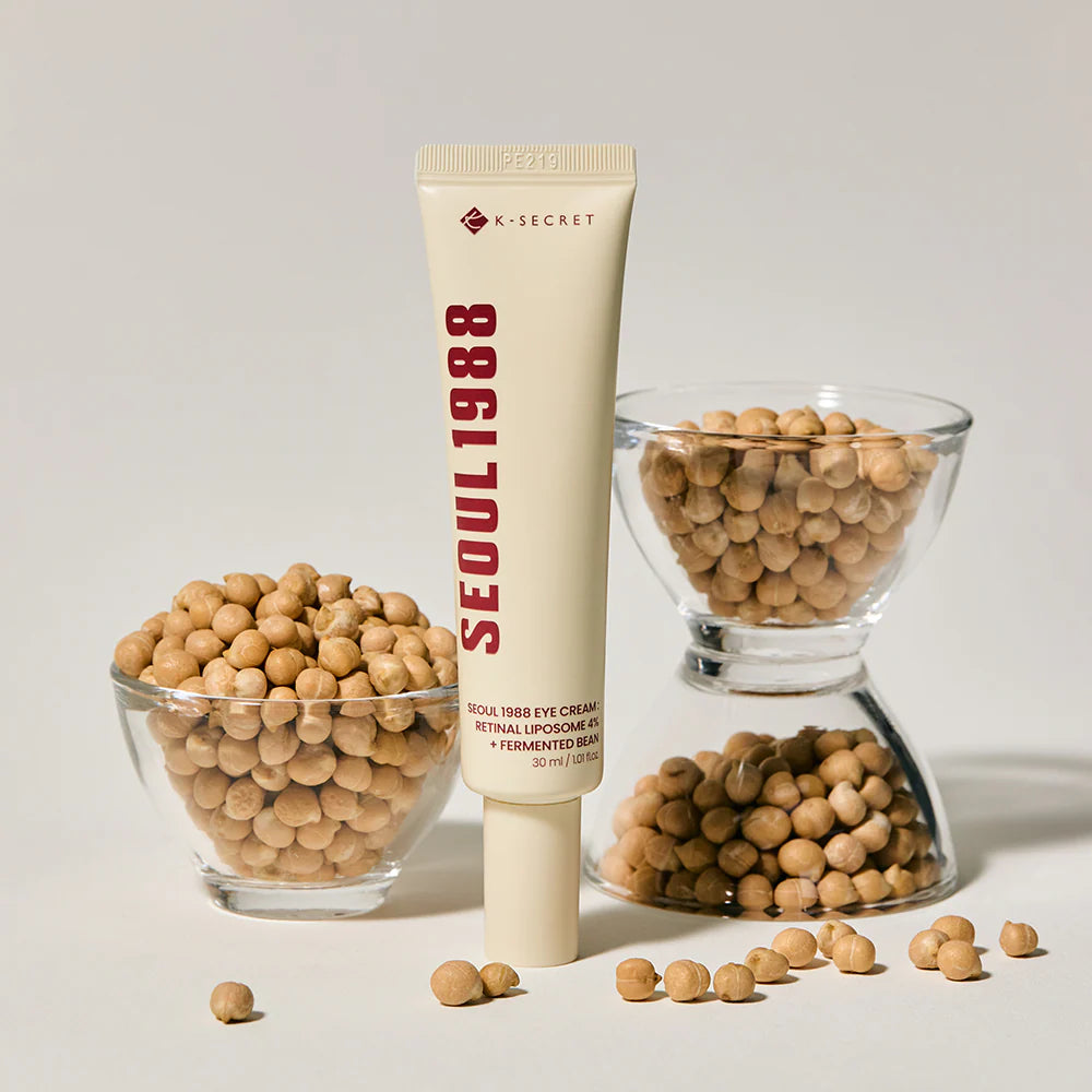 SEOUL 1988 Eye Cream by yourbeautycosmetics featuring retinal liposome 4% and fermented bean extract, shown in a sleek jar with product label.