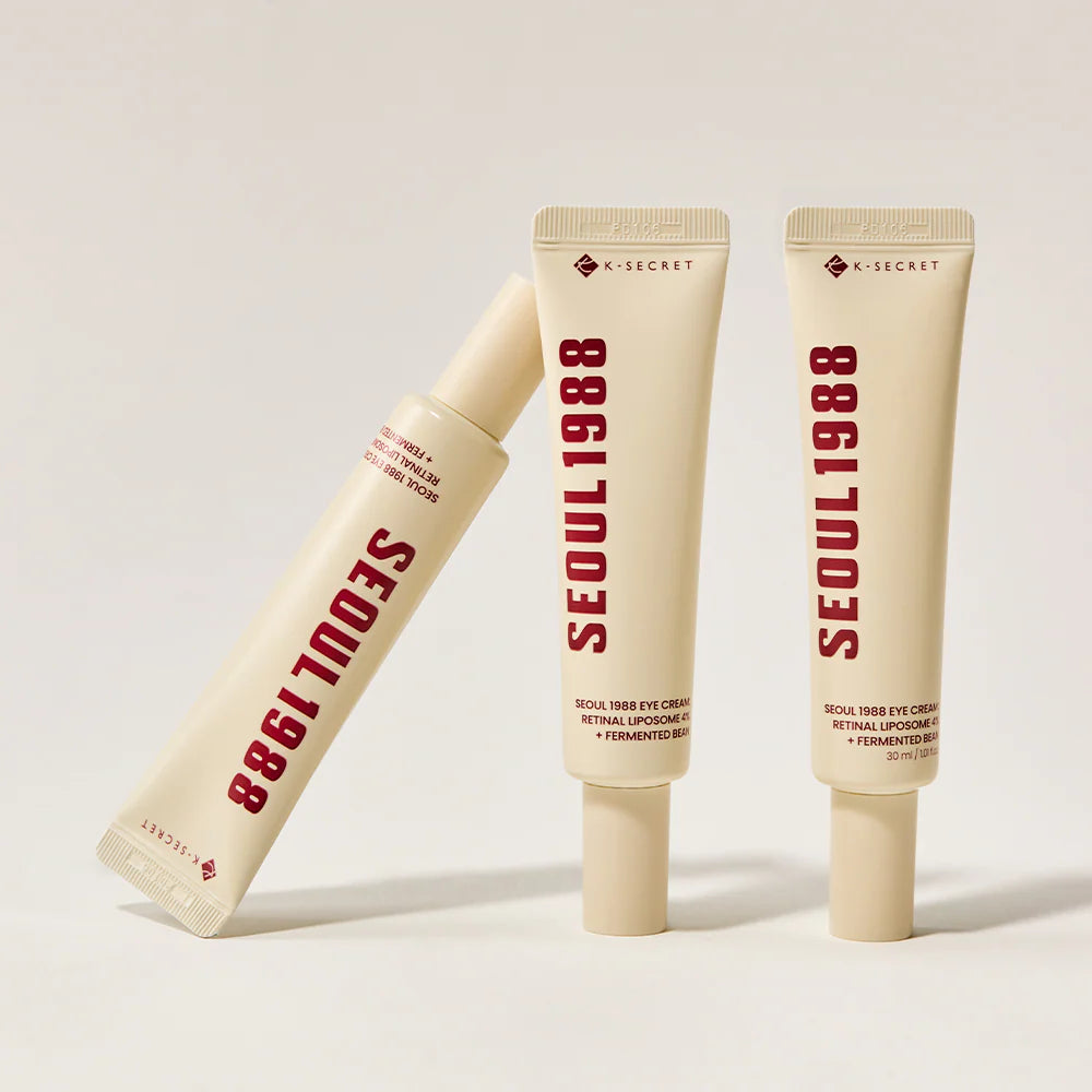 Seoul 1988 Eye Cream by yourbeautycosmetics with retinal liposome 4% and fermented bean extract, shown in a sleek jar.