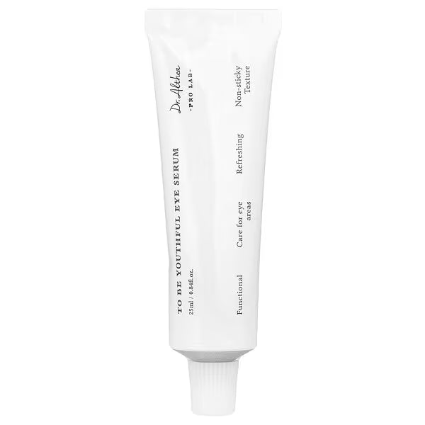 White tube of eye serum with text, skincare product for under-eye area.