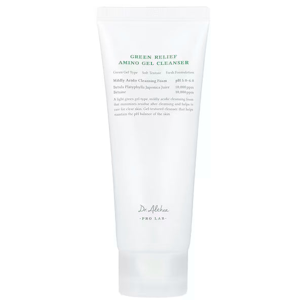 Dr. Althea Green Relief Amino Gel Cleanser tube, skincare product with white packaging