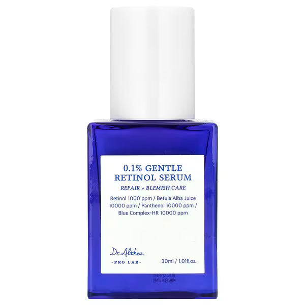 Blue bottle of 0.1% gentle retinol serum for repair and blemish care, 30ml size