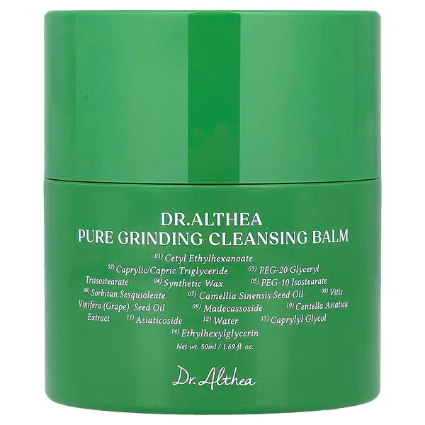 Green jar of Dr.Althea Pure Grinding Cleansing Balm for gentle facial cleansing