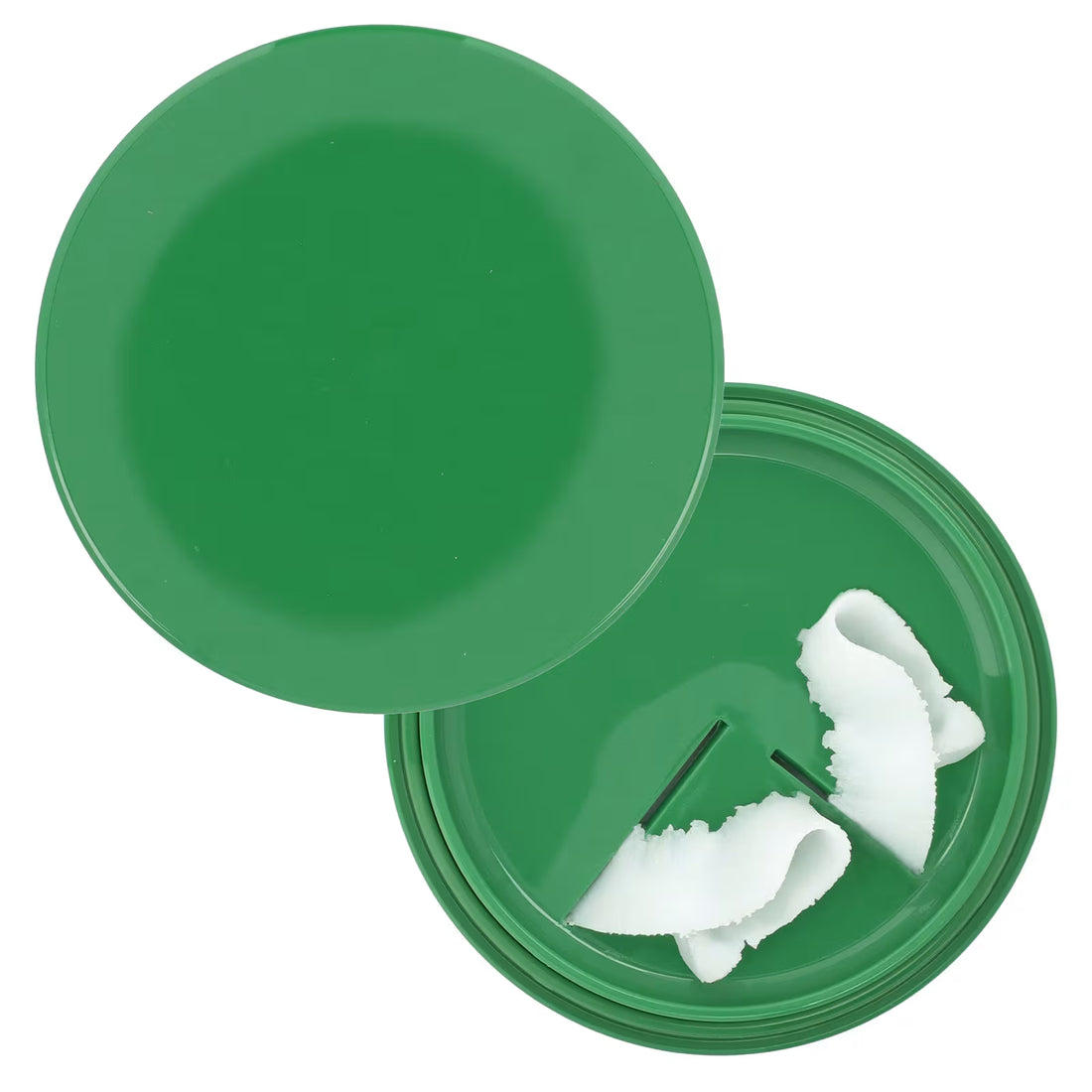Open green cosmetic jar with white balm shavings, top view, beauty skincare product