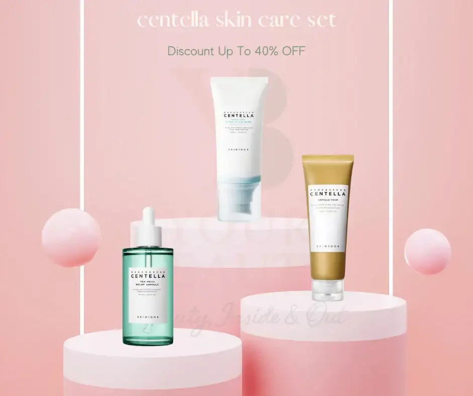 Centella skin care set with serum, cleanser, and foam displayed on pink background, up to 40% off