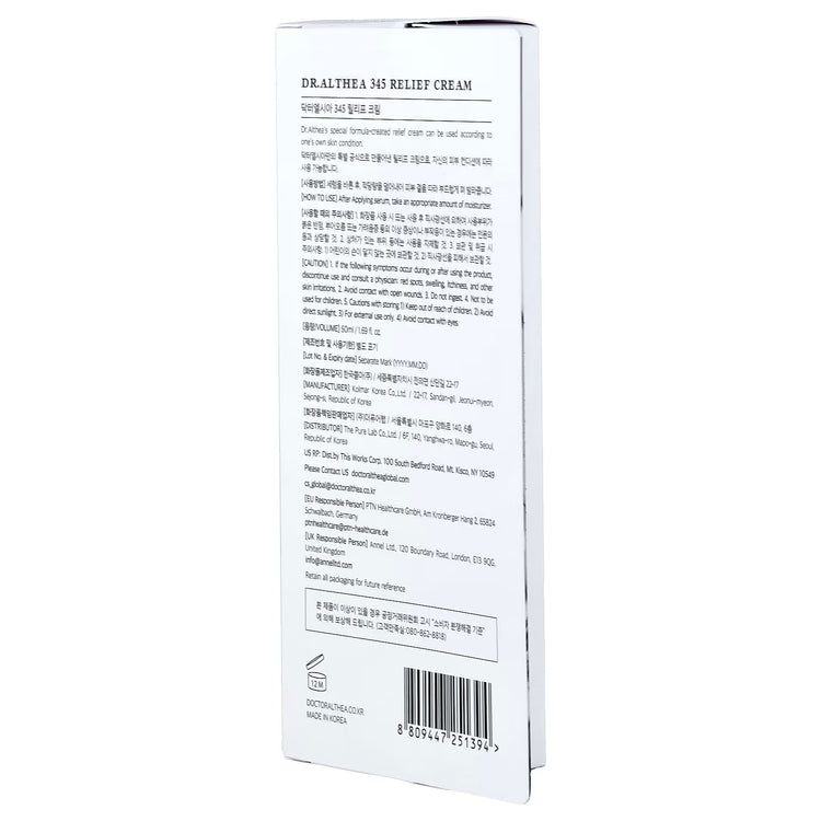 Back of Dr. Althea 345 Relief Cream packaging with ingredient and usage details