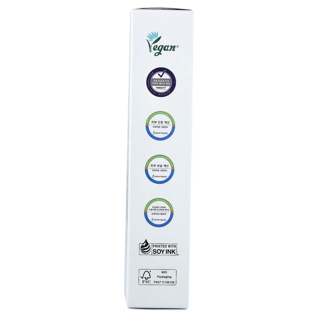 Vegan skincare product box side with certification and eco-friendly soy ink printing labels