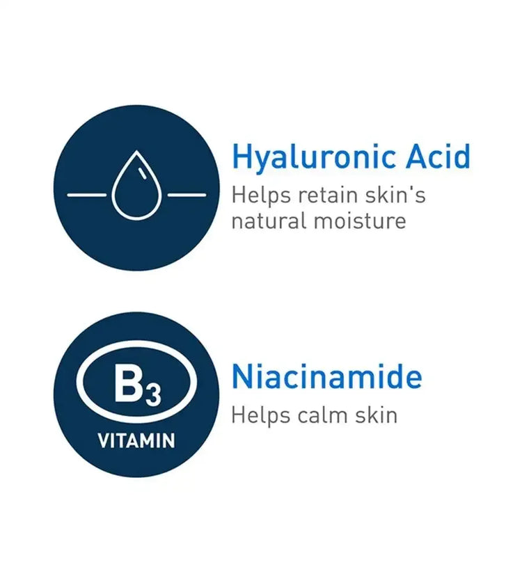 Icons showing hyaluronic acid for moisture and niacinamide vitamin B3 for calming skin