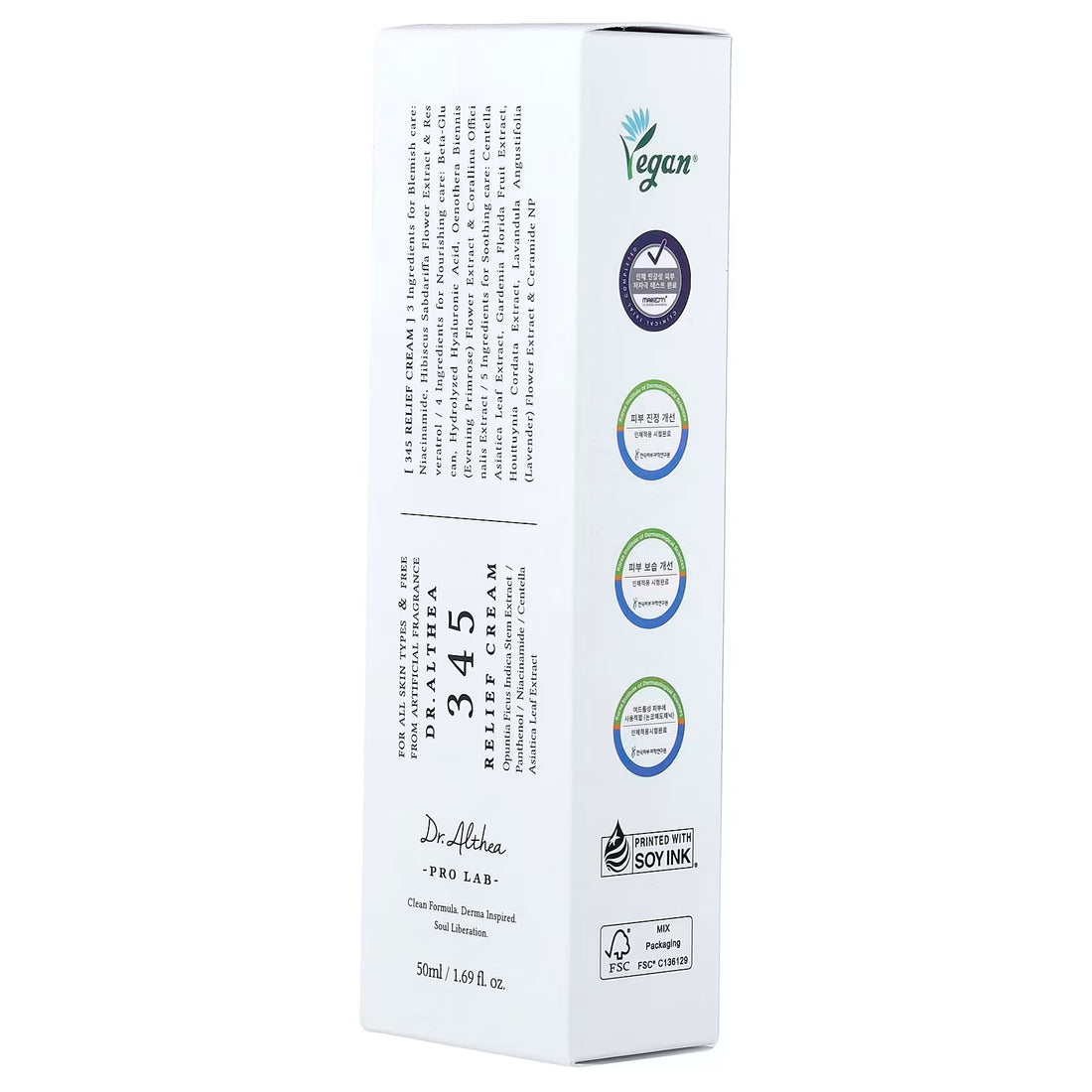 Dr. Althea 345 Relief Cream box with vegan label, skincare certifications, 50ml size