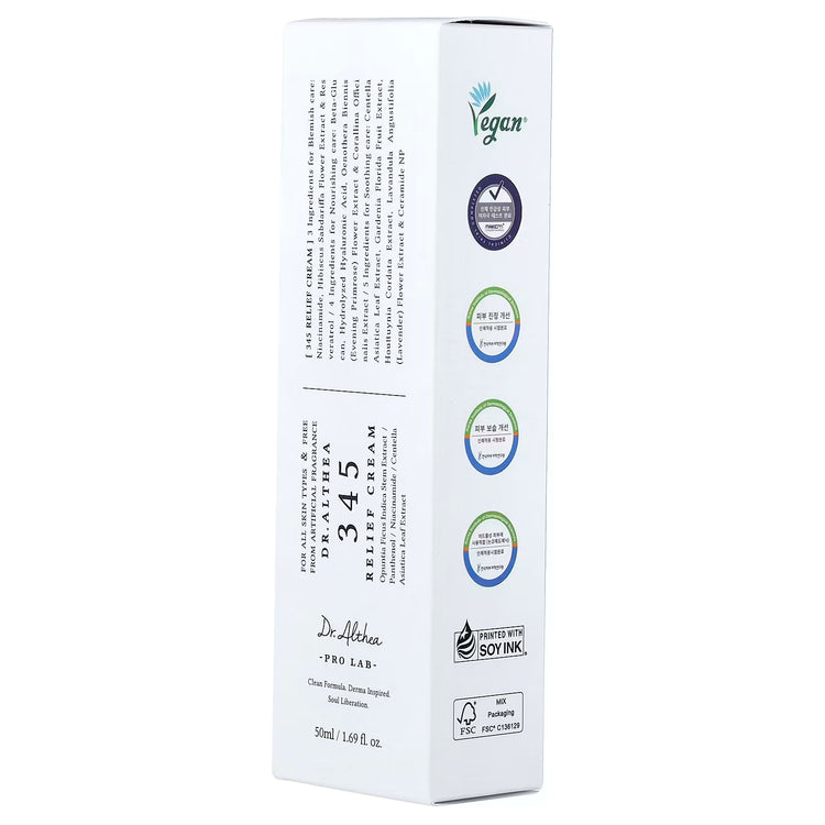 Dr. Althea 345 Relief Cream box with vegan label, skincare certifications, 50ml size
